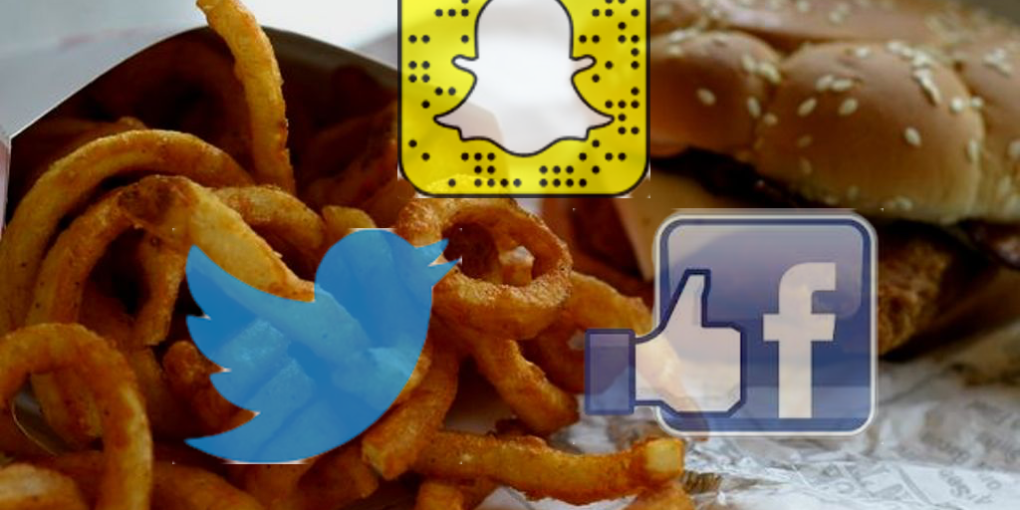 Image of Social Cognitive Junk Food. It shows a burger and fries with logs for major social media brands.