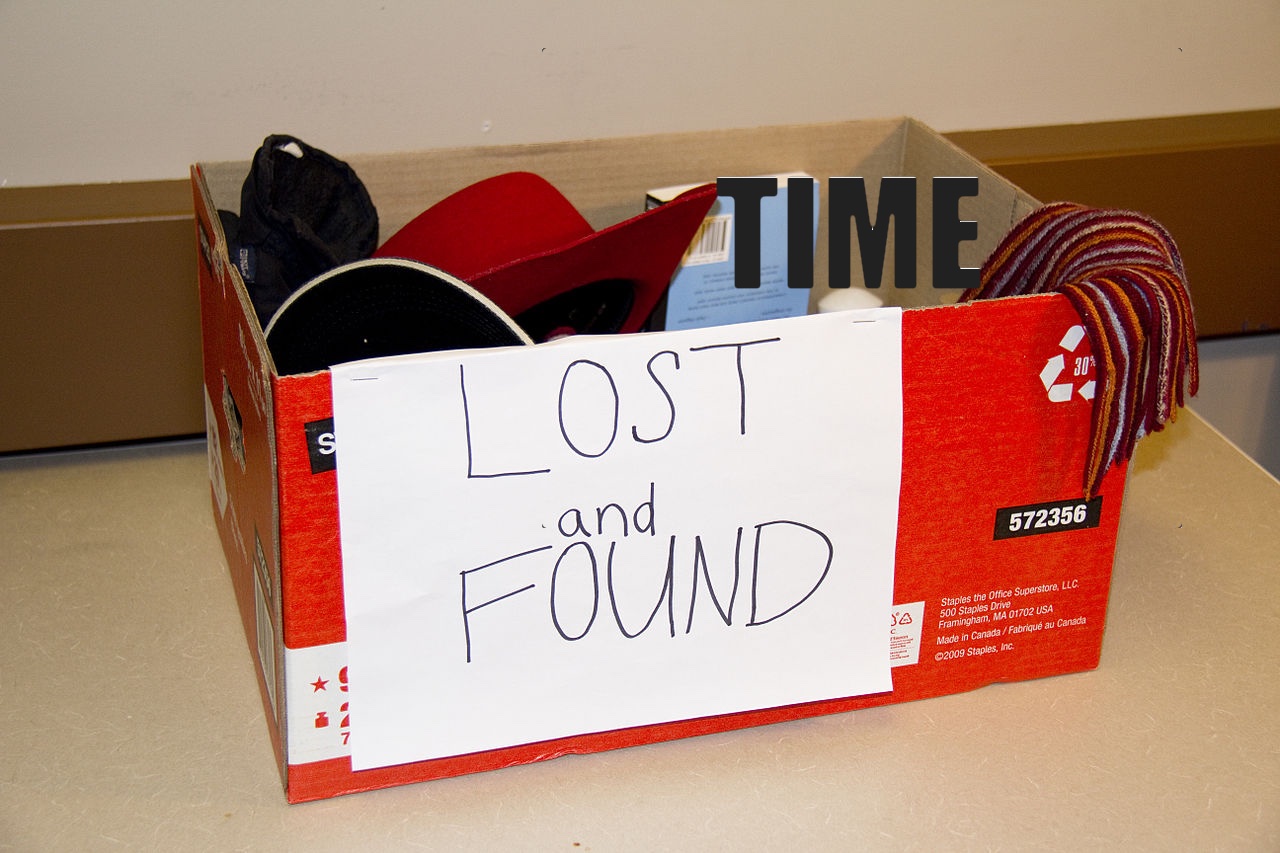 Image of a lost and found box with a hat, some other stuff, and the word time.
